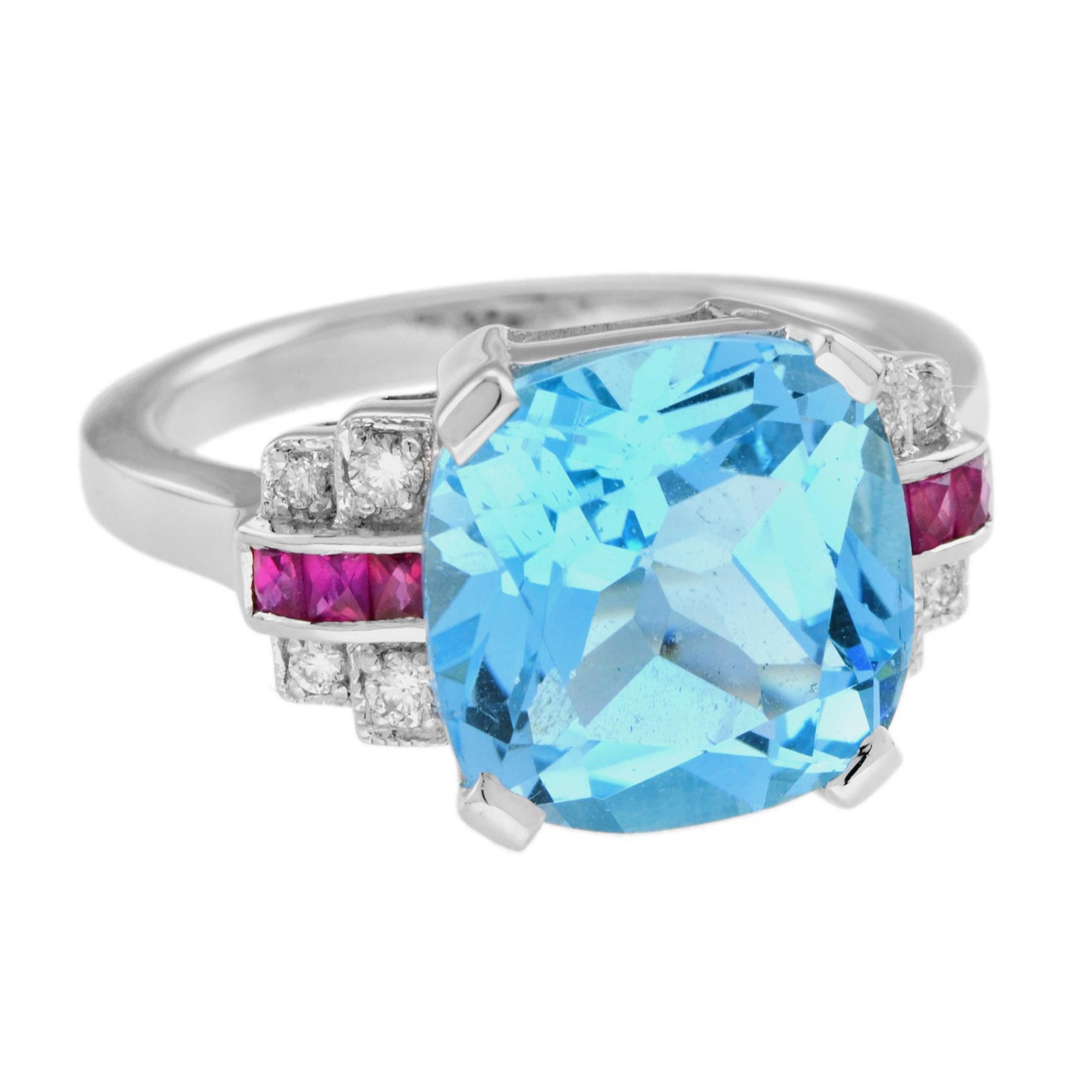 This exceptional chic ring features a cushion cut blue topaz weighing approximately 7.20 carats, flanked at the shoulders with diamonds and pink rubies, all set in 14k white gold. The color combination of blue and pink is truly attractive.
Ring