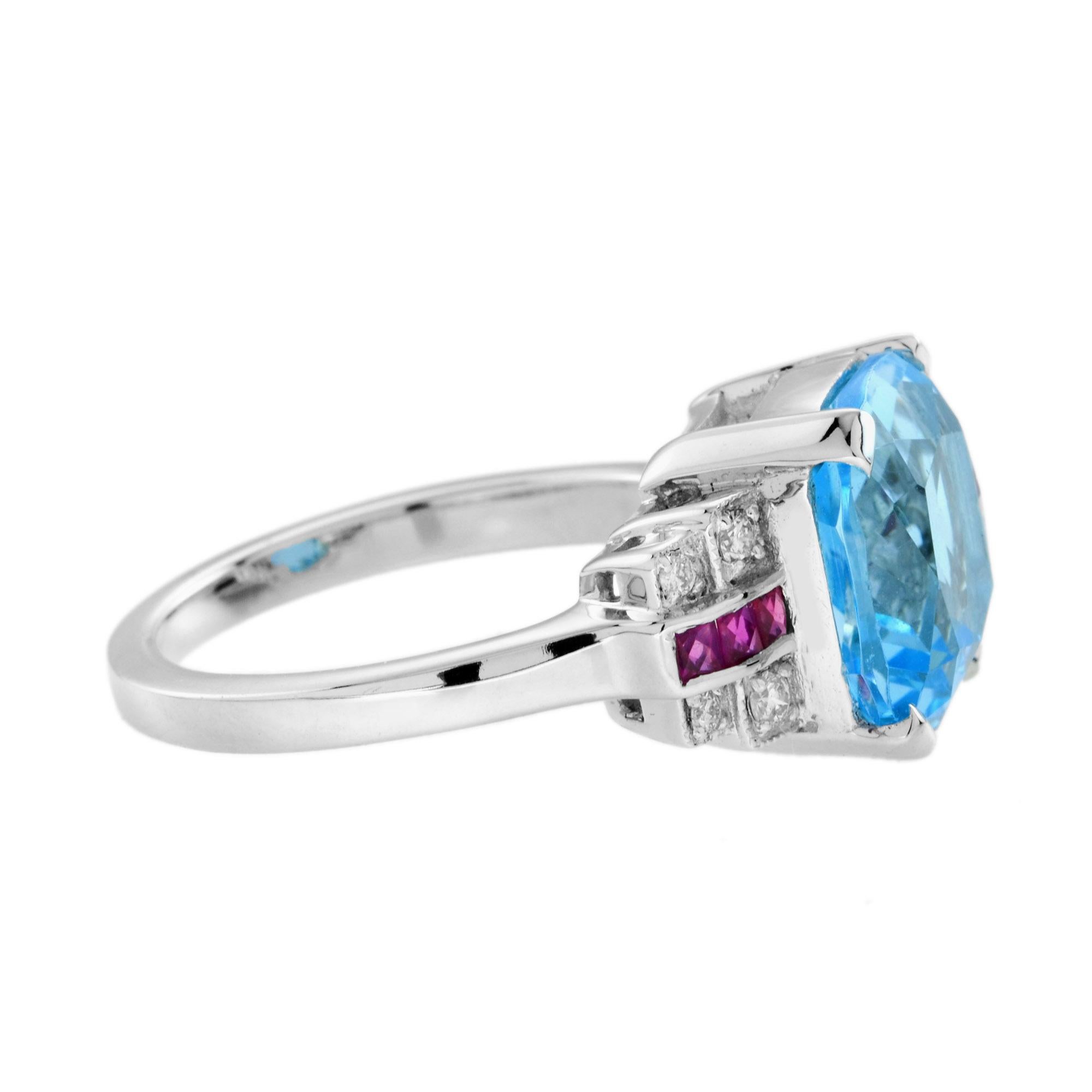 Cushion Cut Cushion Blue Topaz & Diamond Pink Ruby Art Deco Style 14K White Gold Ring For Sale