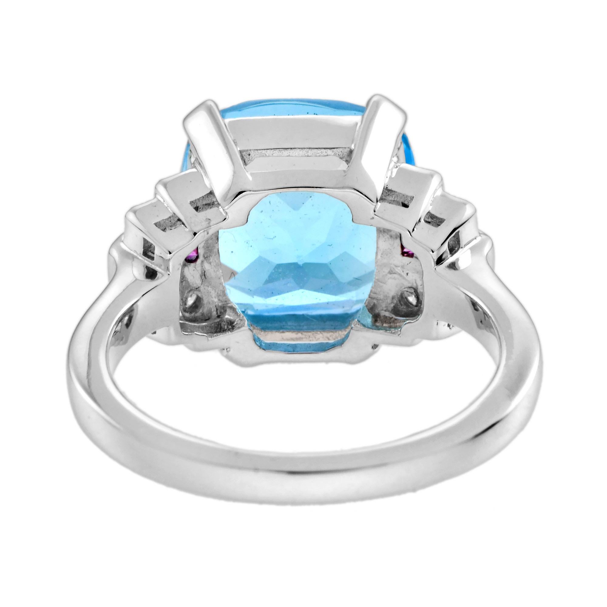 Cushion Blue Topaz & Diamond Pink Ruby Art Deco Style 14K White Gold Ring In New Condition For Sale In Oakton, VA