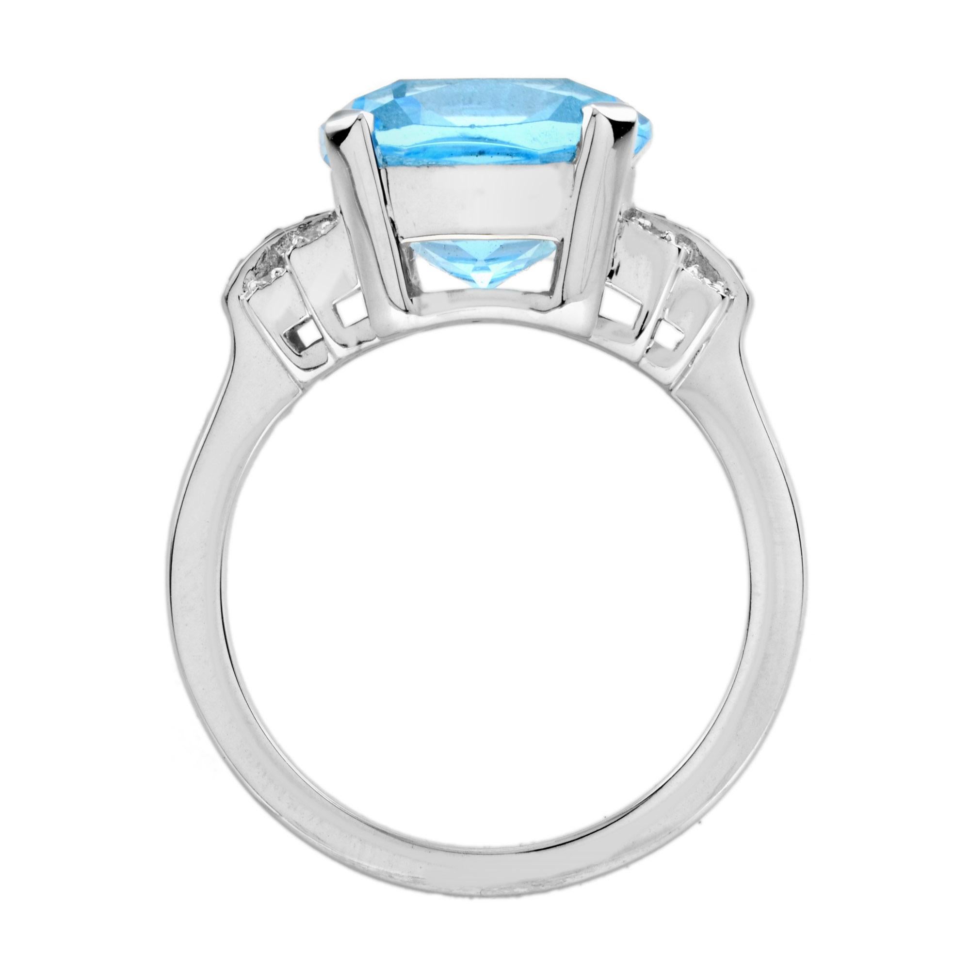 Women's Cushion Blue Topaz & Diamond Pink Ruby Art Deco Style 14K White Gold Ring For Sale