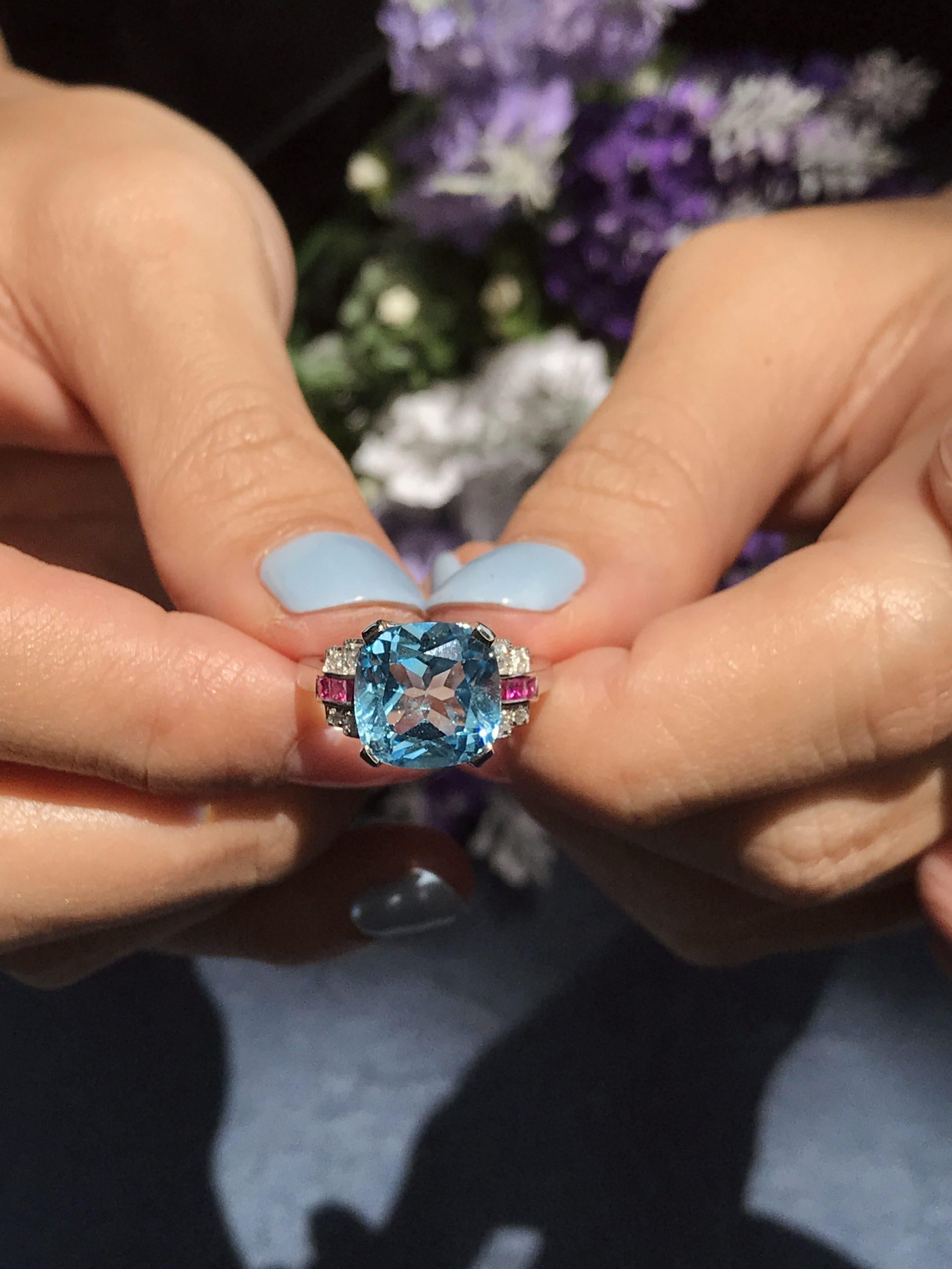 Cushion Blue Topaz & Diamond Pink Ruby Art Deco Style 14K White Gold Ring For Sale 1