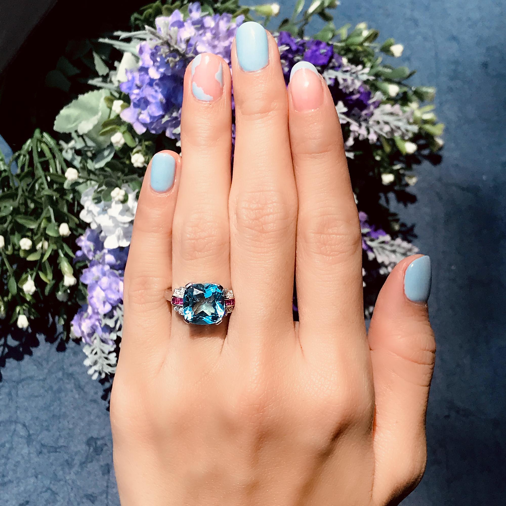 Cushion Blue Topaz & Diamond Pink Ruby Art Deco Style 14K White Gold Ring For Sale 3