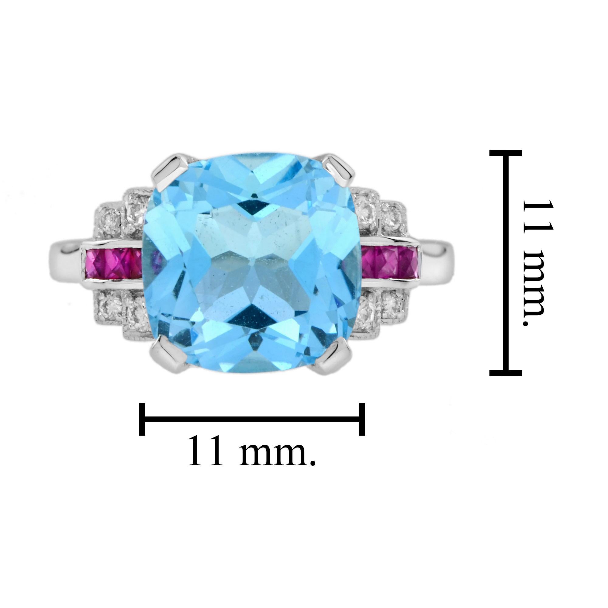 Cushion Blue Topaz & Diamond Pink Ruby Art Deco Style 14K White Gold Ring For Sale 4