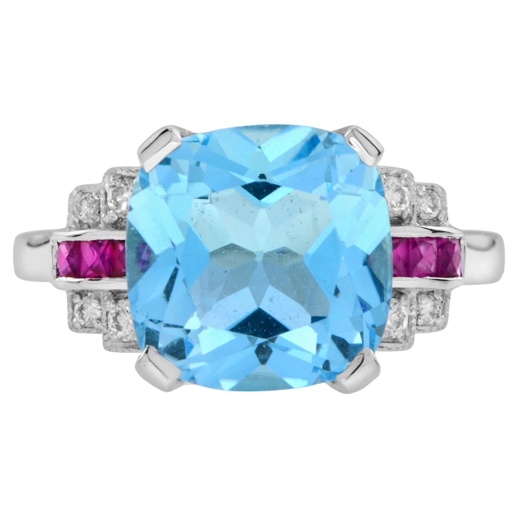 Cushion Blue Topaz & Diamond Pink Ruby Art Deco Style 14K White Gold Ring For Sale