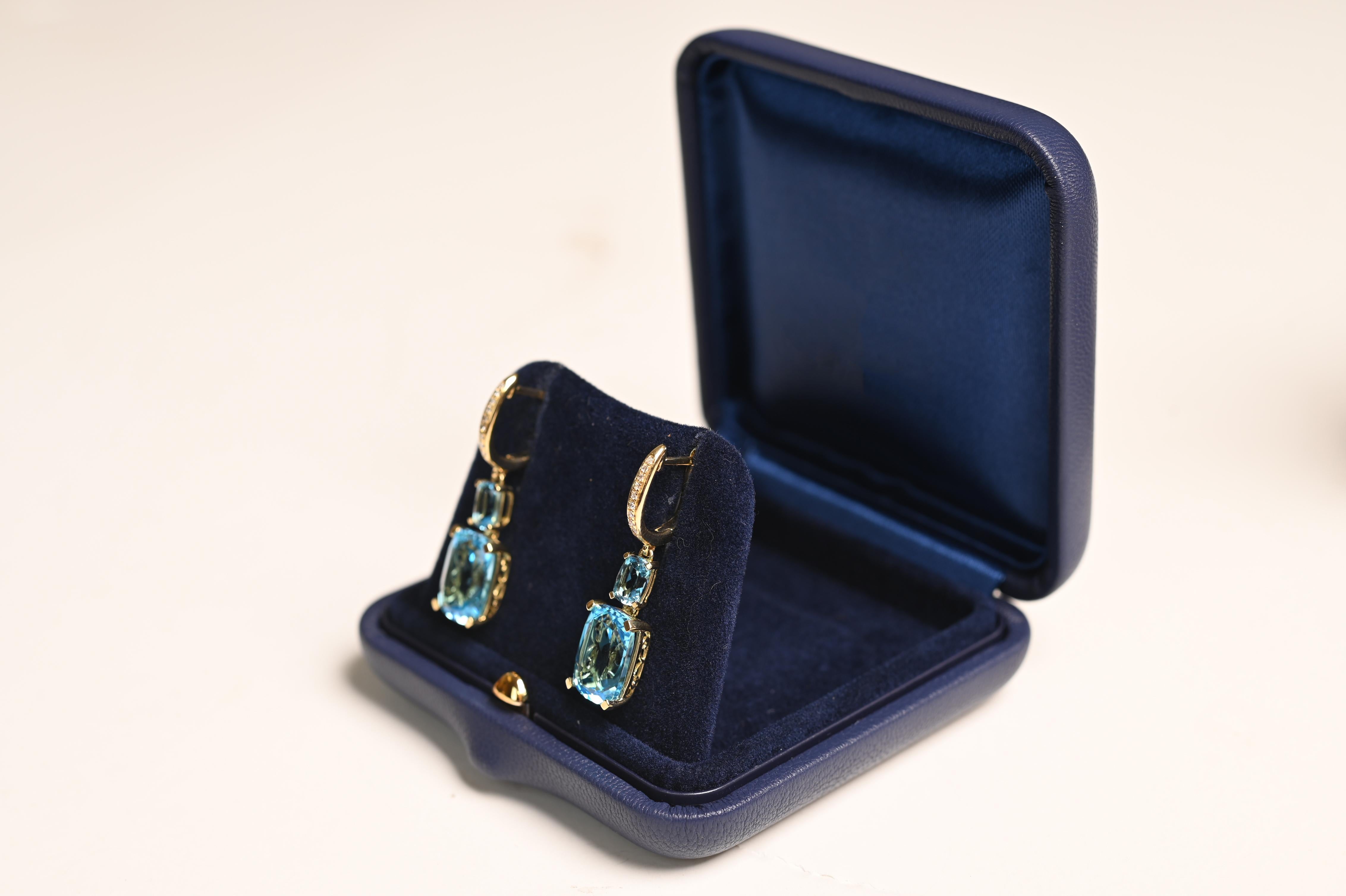 Pendientes de topacio azul talla cojín (aprox. 10,50 quilates), oro amarillo de 18k Art Decó en venta
