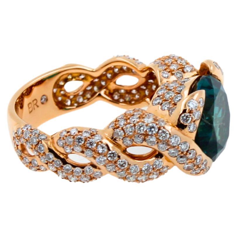 Cushion Dark Blue Indicolite Tourmaline Diamond Spiral Pave 18K Rose Gold Ring For Sale 1