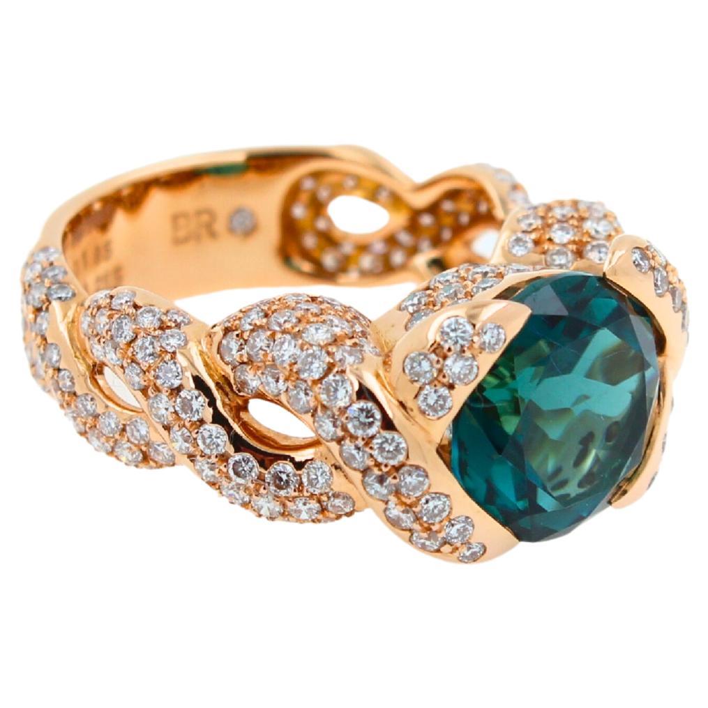 Cushion Dark Blue Indicolite Tourmaline Diamond Spiral Pave 18K Rose Gold Ring For Sale 2