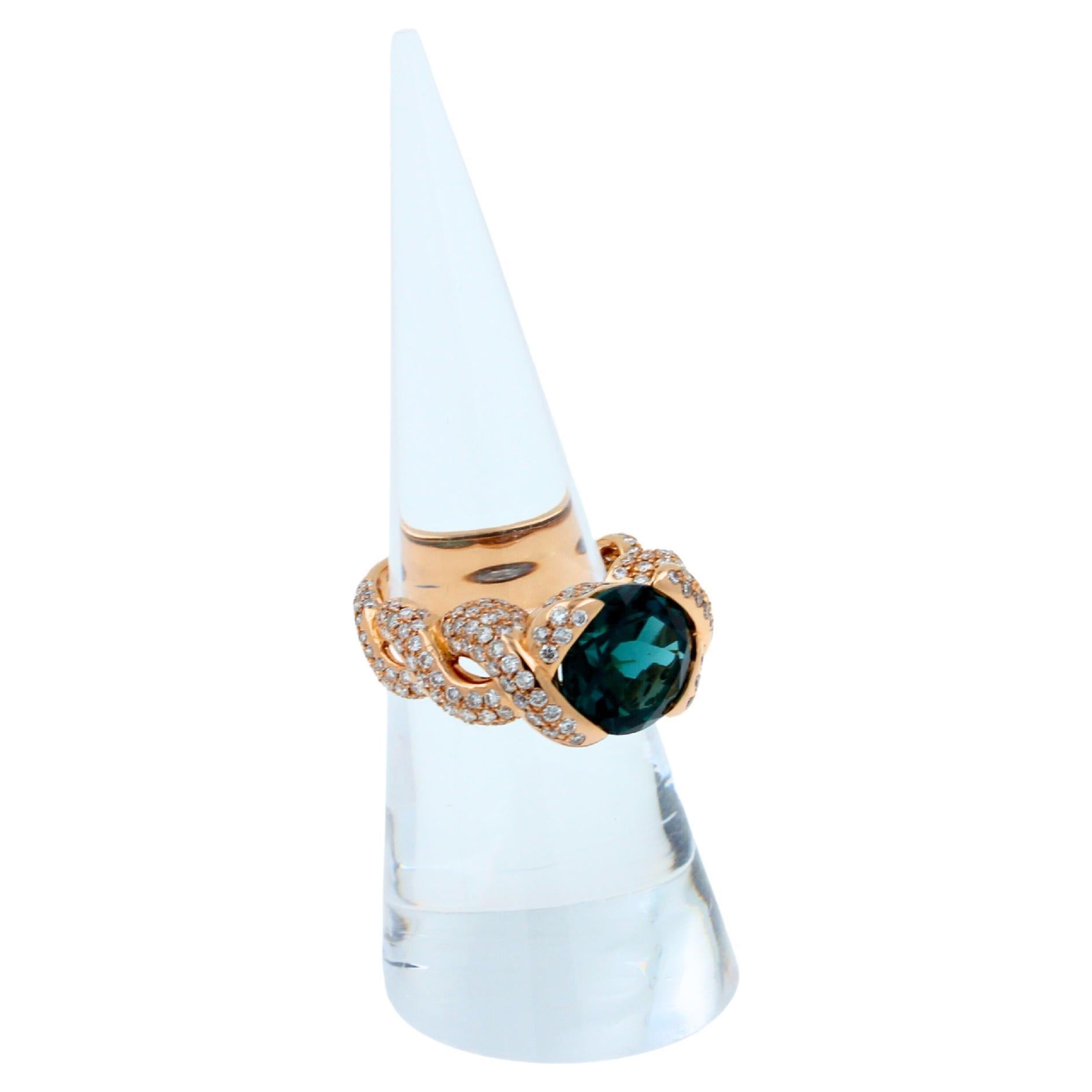 Cushion Dark Blue Indicolite Tourmaline Diamond Spiral Pave 18K Rose Gold Ring For Sale 3