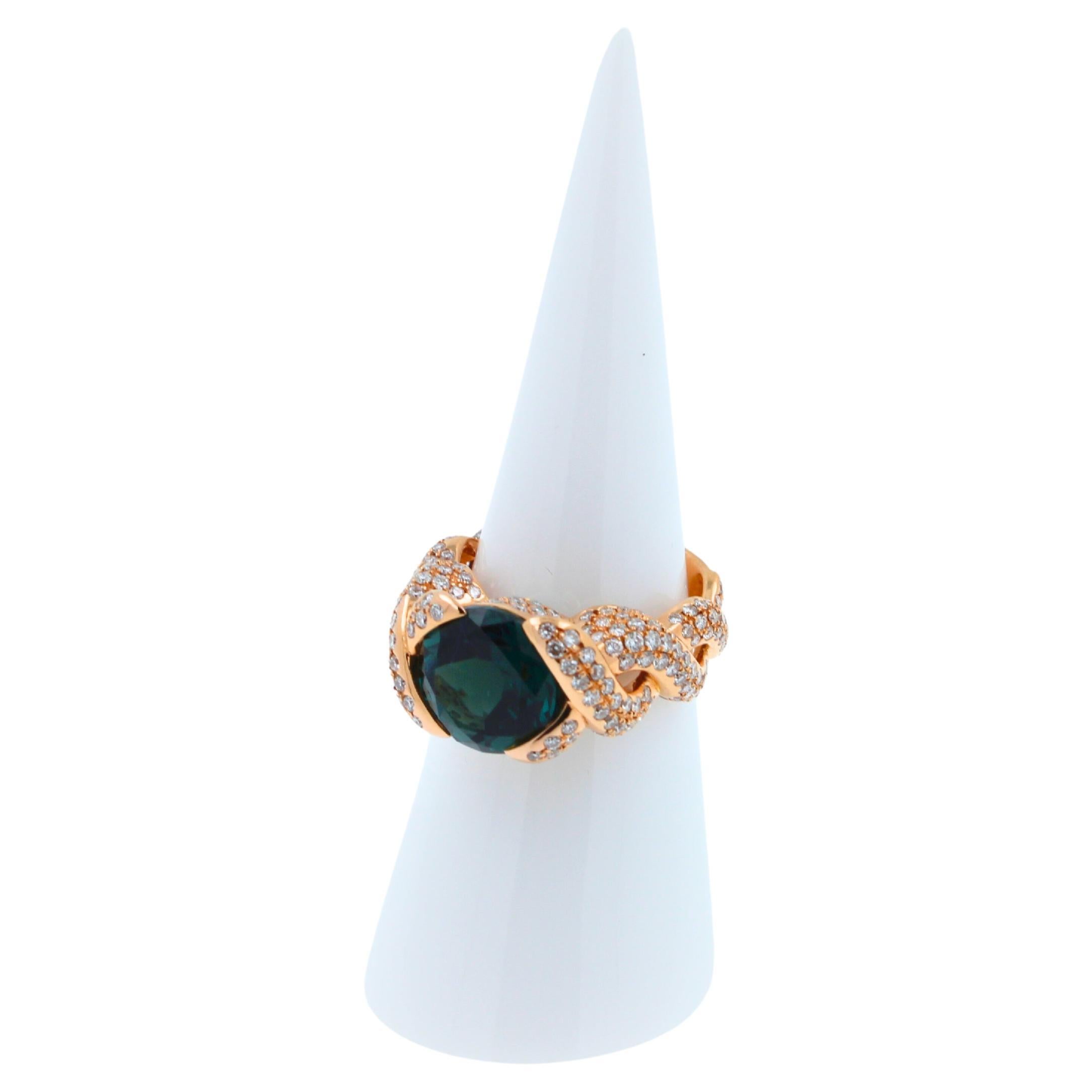 Cushion Dark Blue Indicolite Tourmaline Diamond Spiral Pave 18K Rose Gold Ring For Sale 4