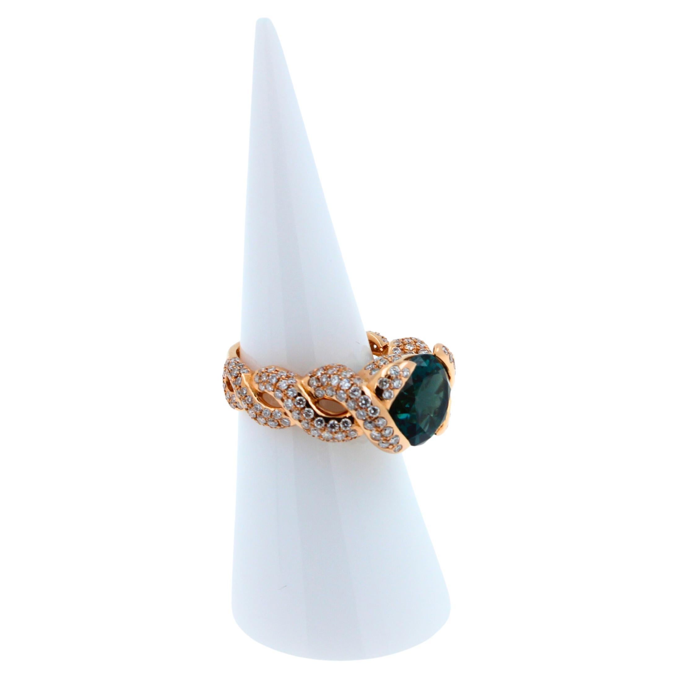 Cushion Dark Blue Indicolite Tourmaline Diamond Spiral Pave 18K Rose Gold Ring For Sale 5