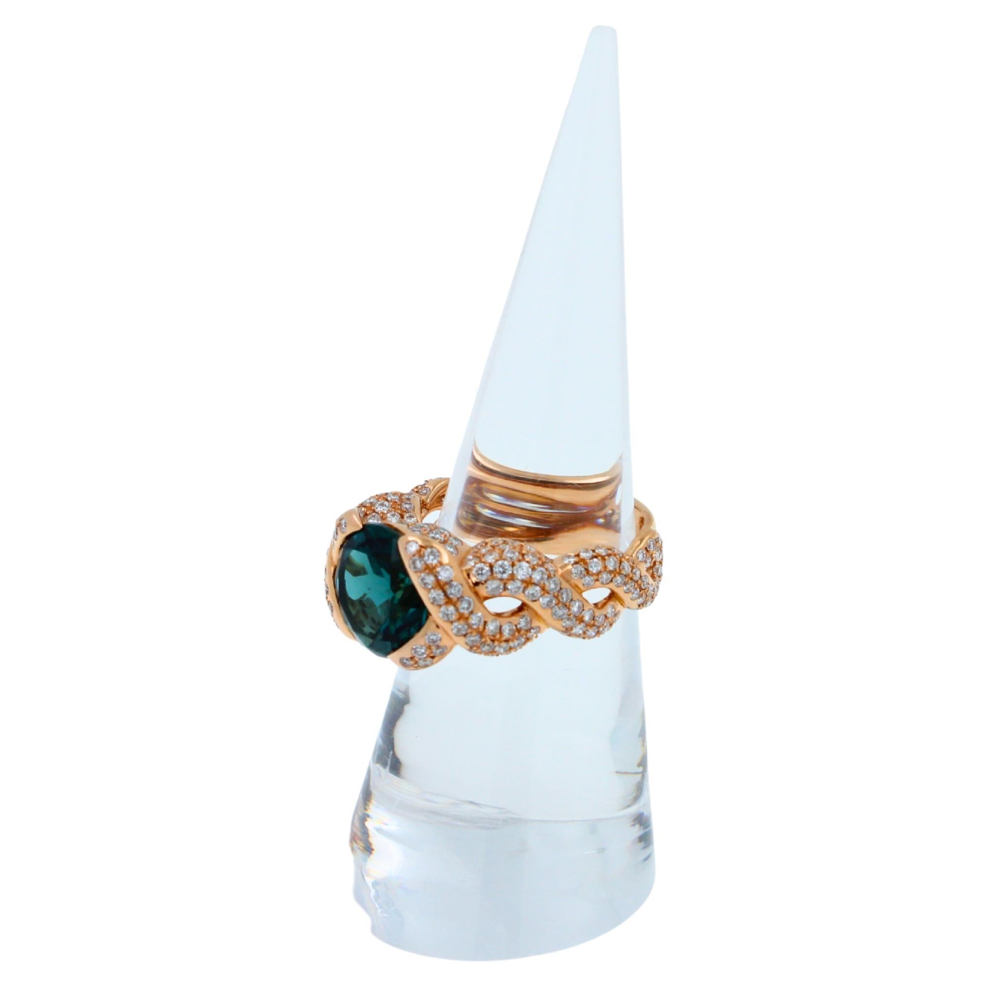 Cushion Dark Blue Indicolite Tourmaline Diamond Spiral Pave 18K Rose Gold Ring For Sale 6