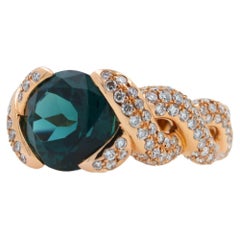 Cushion Dark Blue Indicolite Tourmaline Diamond Spiral Pave 18K Rose Gold Ring