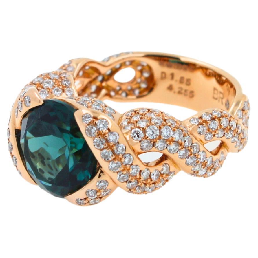 Art Deco Cushion Dark Blue Indicolite Tourmaline Diamond Spiral Pave 18K Rose Gold Ring For Sale
