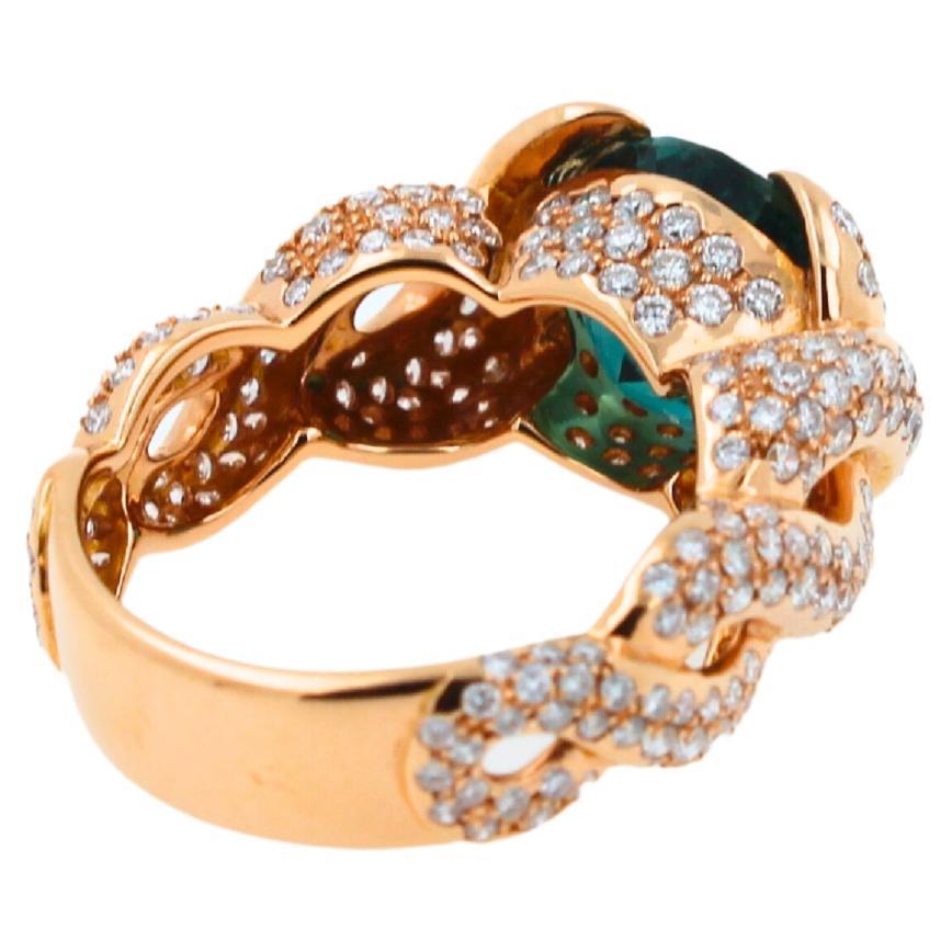 Women's or Men's Cushion Dark Blue Indicolite Tourmaline Diamond Spiral Pave 18K Rose Gold Ring For Sale