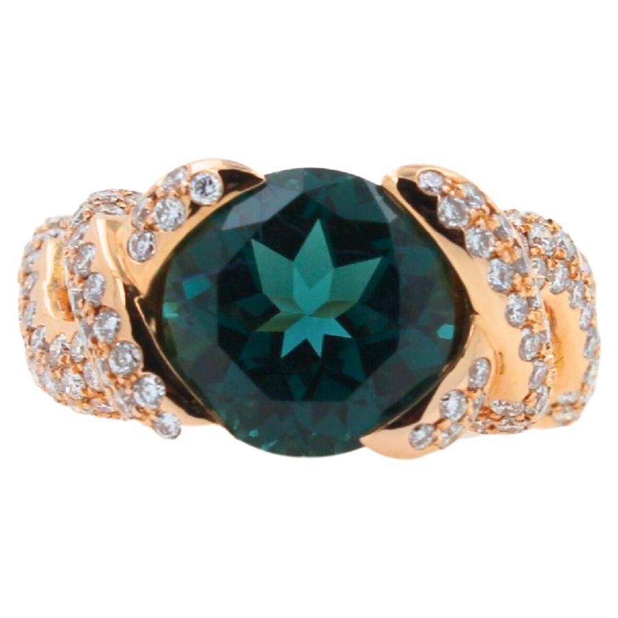 Cushion Dark Blue Indicolite Tourmaline Diamond Spiral Pave 18K Rose Gold Ring For Sale