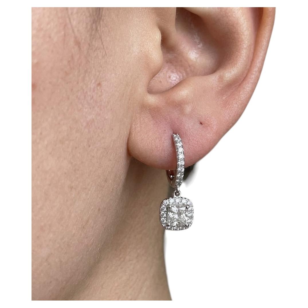 Cushion Brilliant Diamond Halo Dangle Earrings in 18k White Gold For Sale