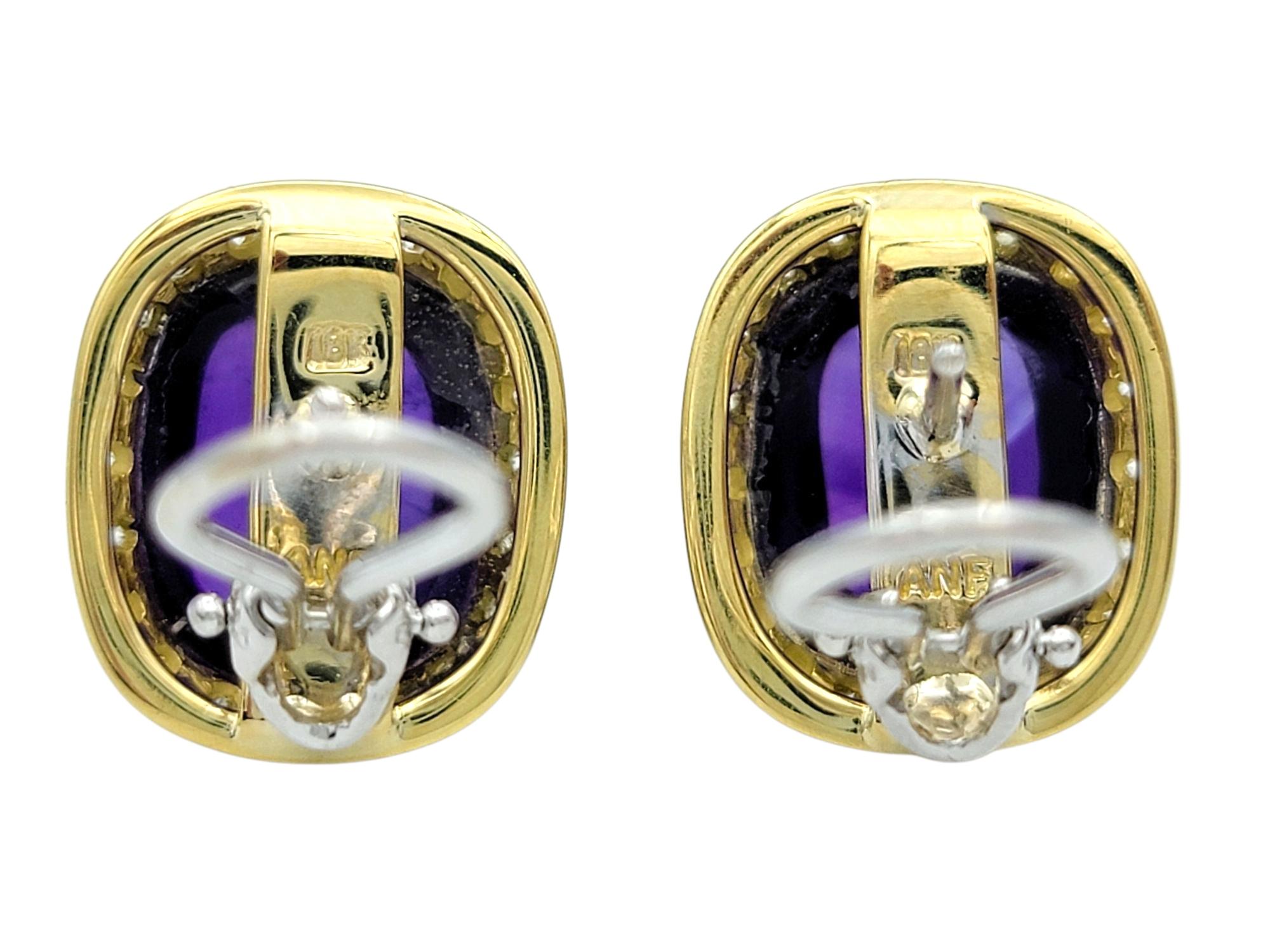 Clous d'oreilles en or jaune 18 carats avec améthyste cabochon coussin et halo de diamants Pour femmes en vente