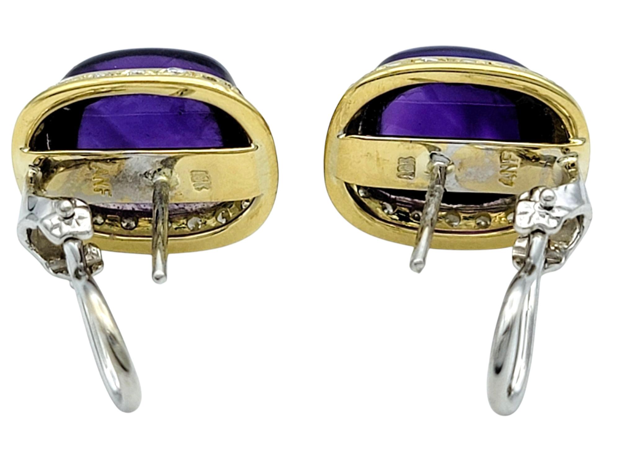 Clous d'oreilles en or jaune 18 carats avec améthyste cabochon coussin et halo de diamants en vente 1