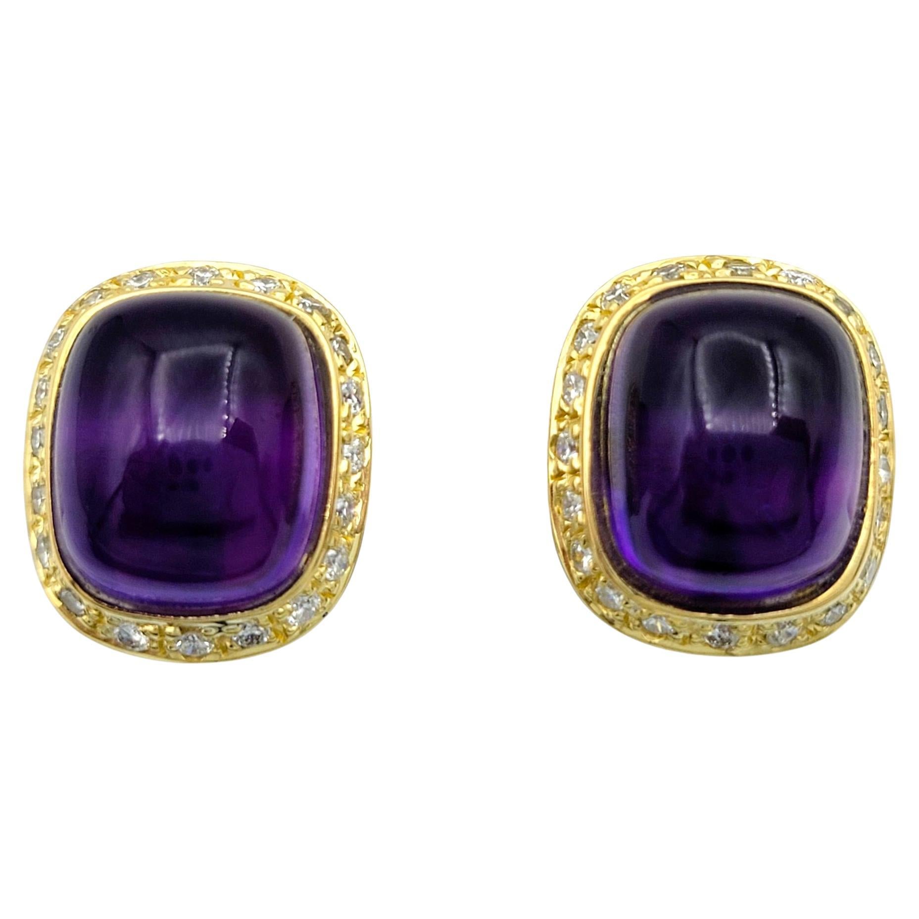 Cushion Cabochon Amethyst Stud Earrings with Diamond Halo 18 Karat Yellow Gold