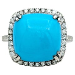 Kissenschliff Cabochon-Schliff Türkis & Diamant Halo Cocktail-Ring 14 Karat Weißgold