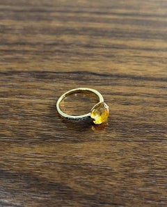 Cushion Cabochon Orange Brown Citrine Diamond 14K Gold Statement Minimalist Ring