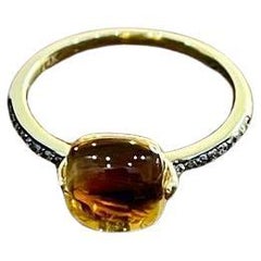 Cushion Cabochon Orange Brown Citrine Diamond 14K Gold Statement Minimalist Ring