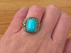 Cushion Cabochon Turquoise Peridot and Blue Topaz Ring 14k Yellow Gold