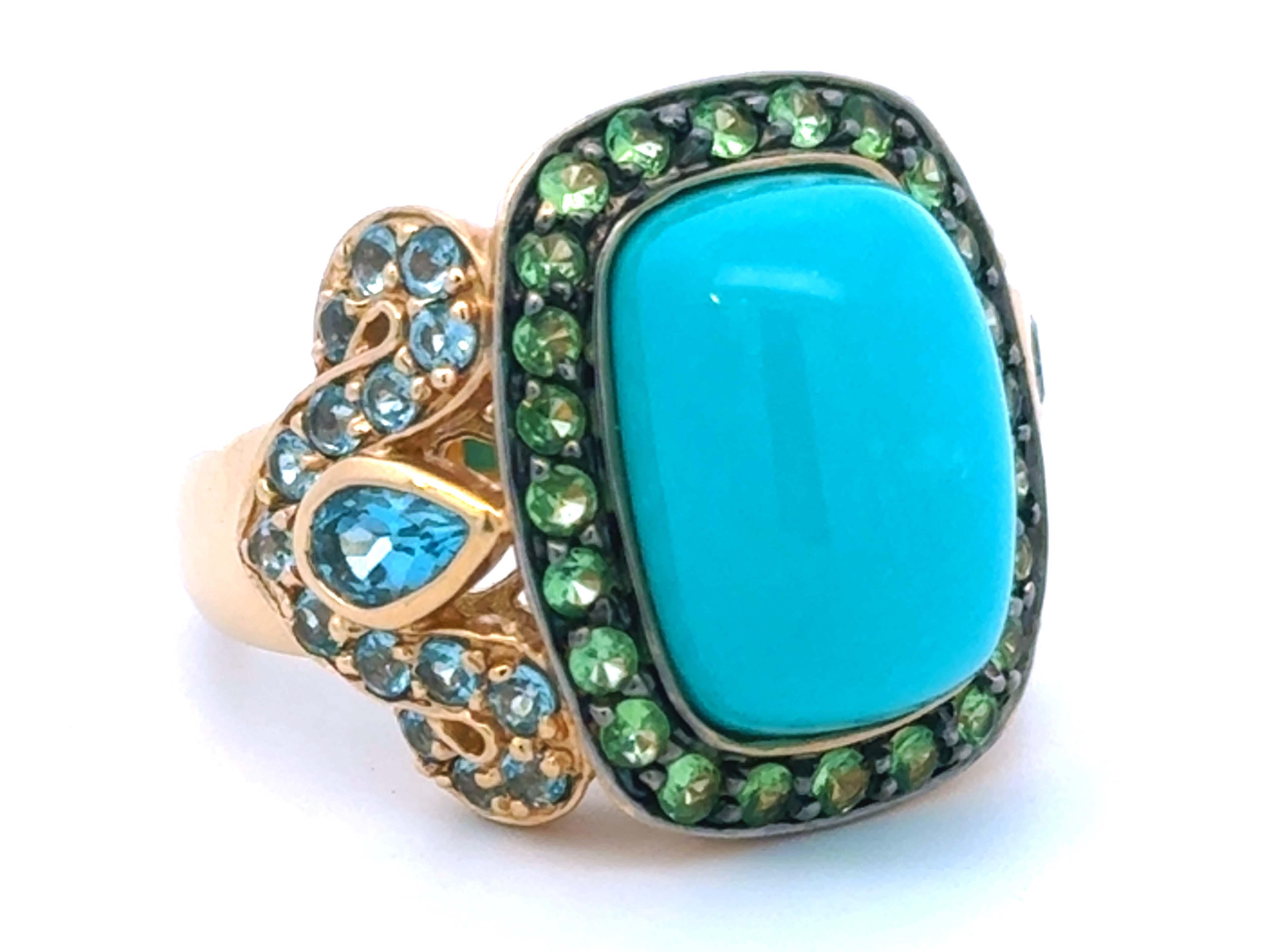 Cushion Cabochon Turquoise Peridot and Blue Topaz Ring 14k Yellow Gold For Sale 1