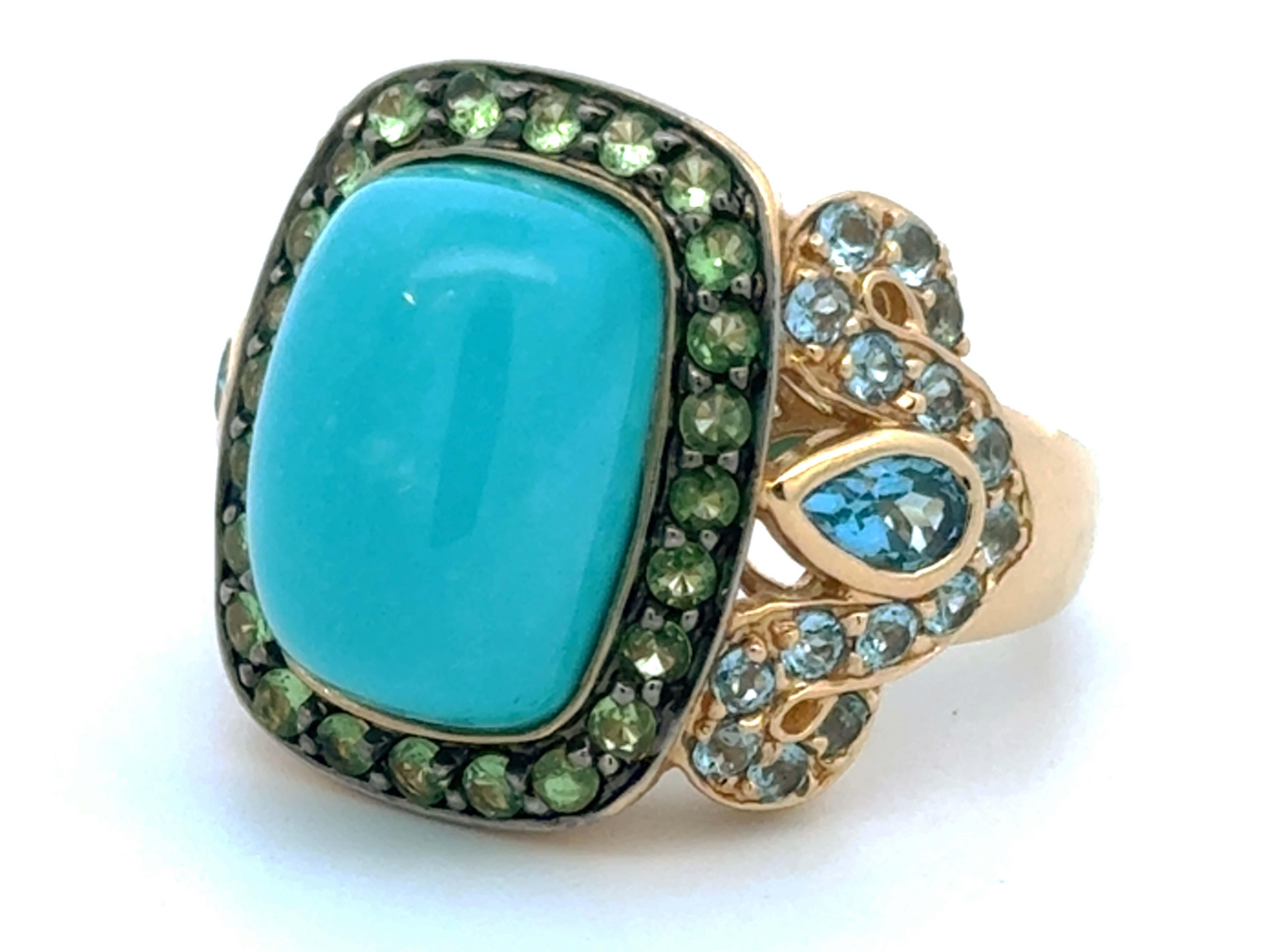 Cushion Cabochon Turquoise Peridot and Blue Topaz Ring 14k Yellow Gold For Sale 2