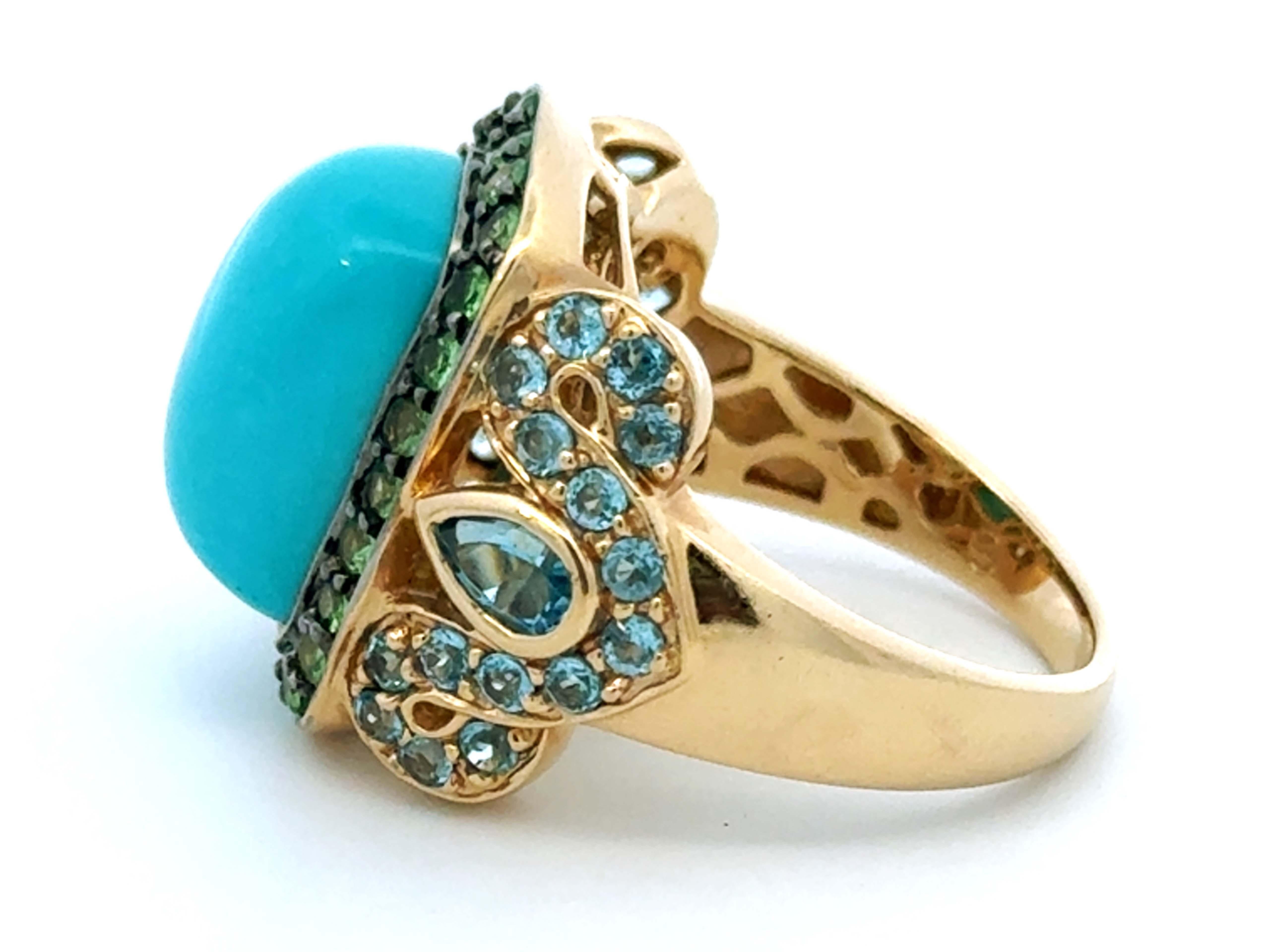 Cushion Cabochon Turquoise Peridot and Blue Topaz Ring 14k Yellow Gold For Sale 3