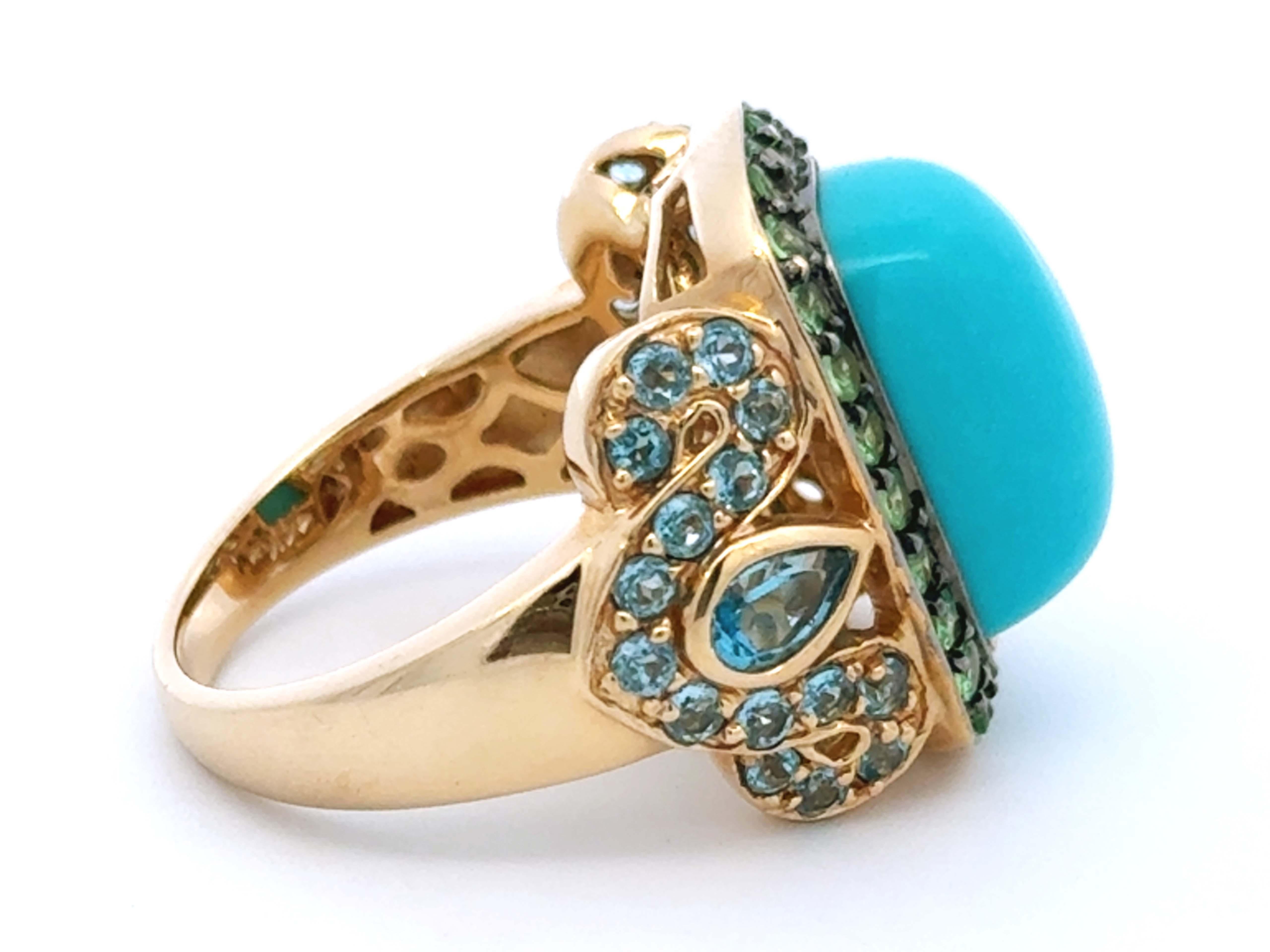 Cushion Cabochon Turquoise Peridot and Blue Topaz Ring 14k Yellow Gold For Sale 4