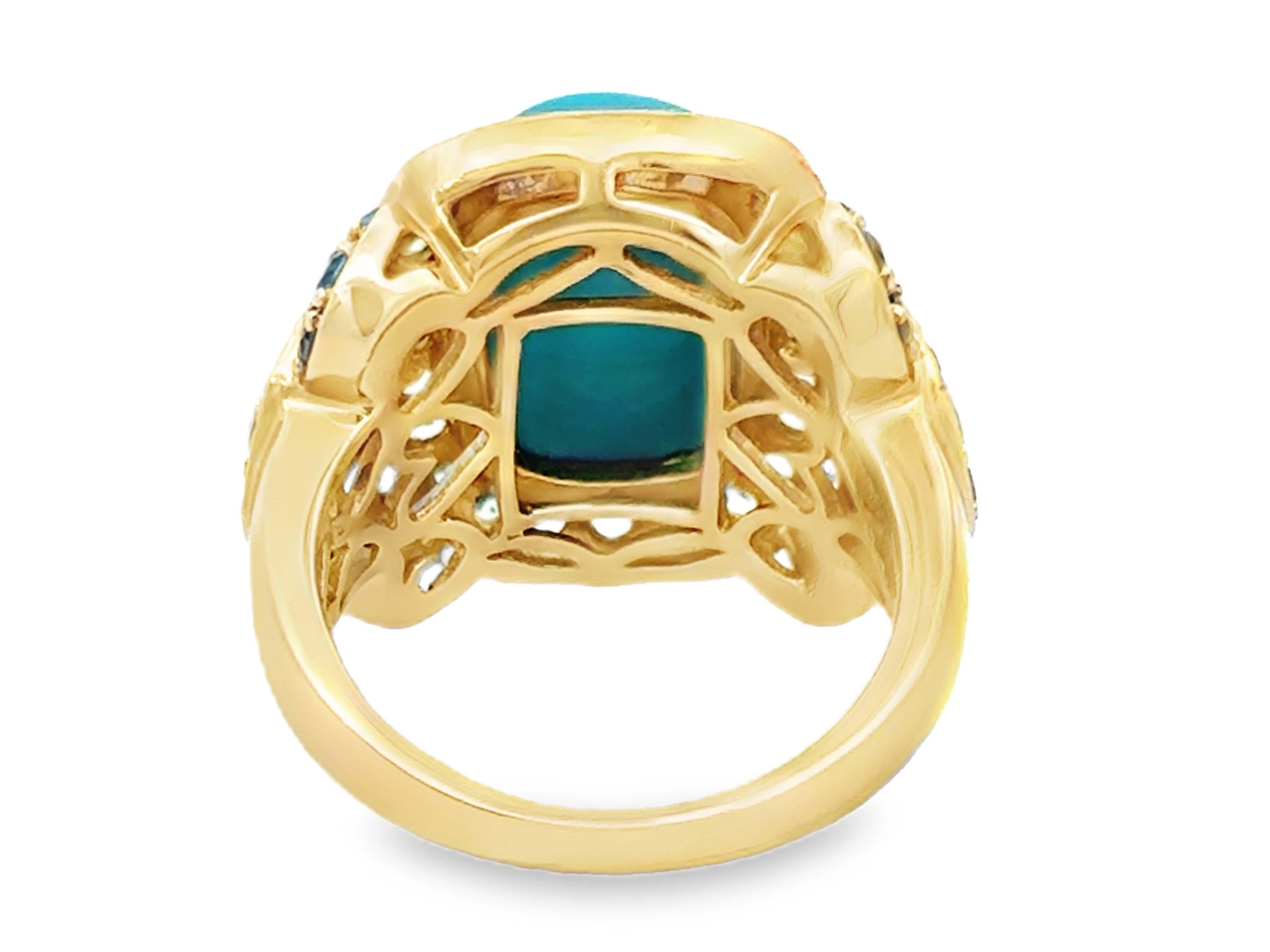 Cushion Cabochon Turquoise Peridot and Blue Topaz Ring 14k Yellow Gold For Sale 5