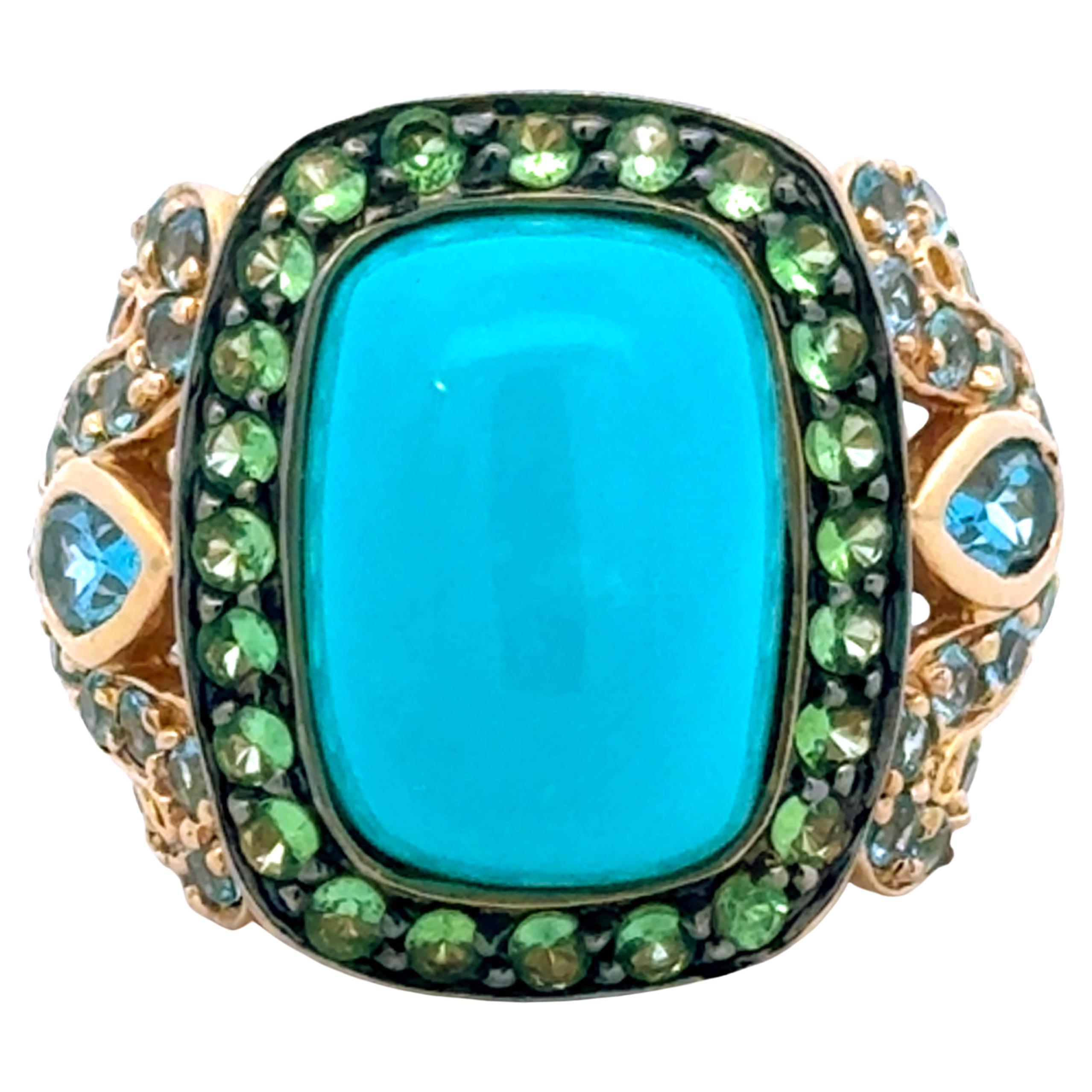 Cushion Cabochon Turquoise Peridot and Blue Topaz Ring 14k Yellow Gold