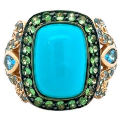 Cushion Cabochon Turquoise Peridot and Blue Topaz Ring 14k Yellow Gold