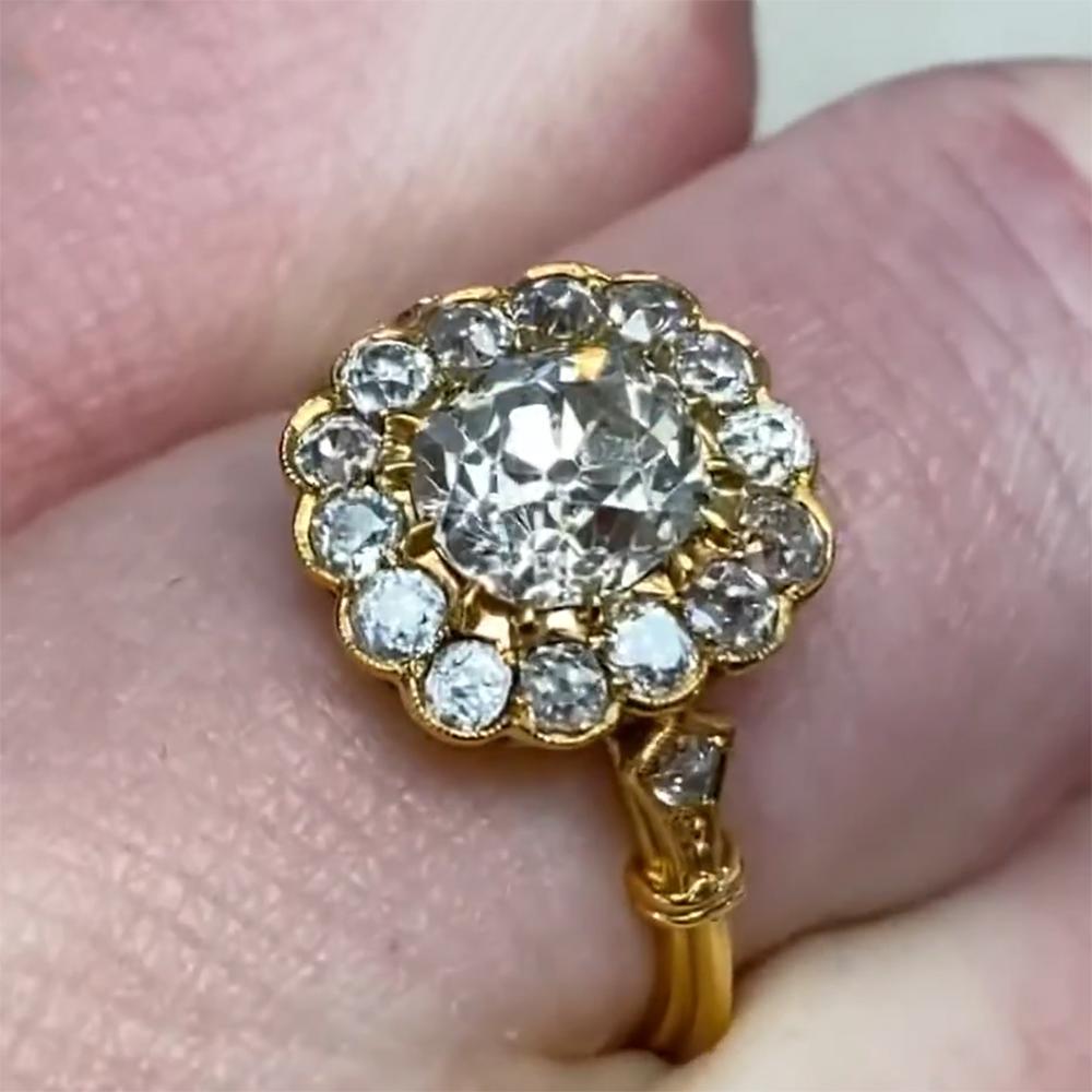 Antique Cushion Cut Cushion Center Diamond (Approx. 1.3-Carats) Halo Ring, 18k Yellow Gold For Sale