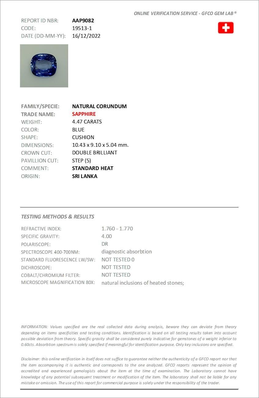 Cushion Certified Ceylon Blue Sapphire Emerald Diamond Solitaire White Gold Ring For Sale 6