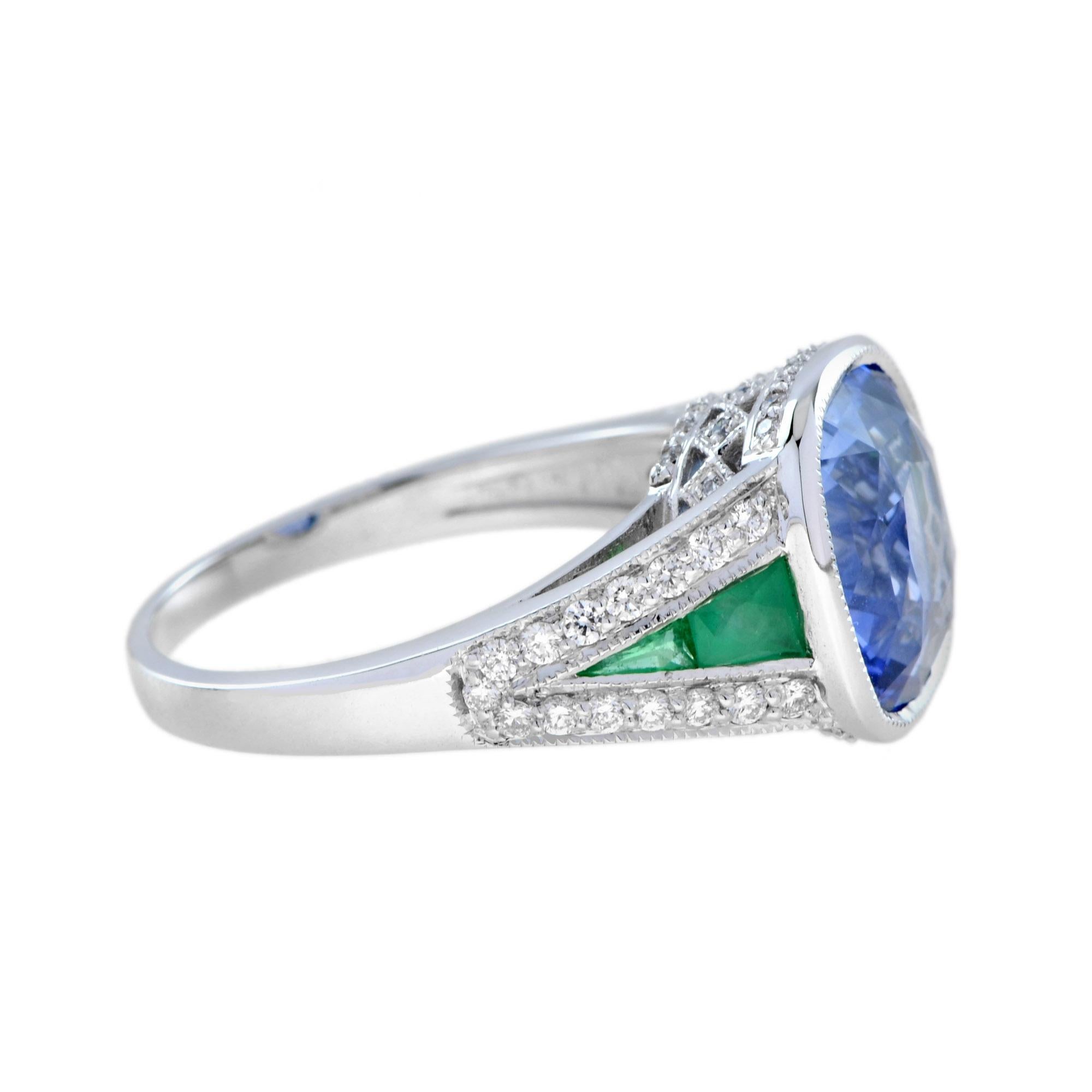 Art Deco Cushion Certified Ceylon Blue Sapphire Emerald Diamond Solitaire White Gold Ring For Sale
