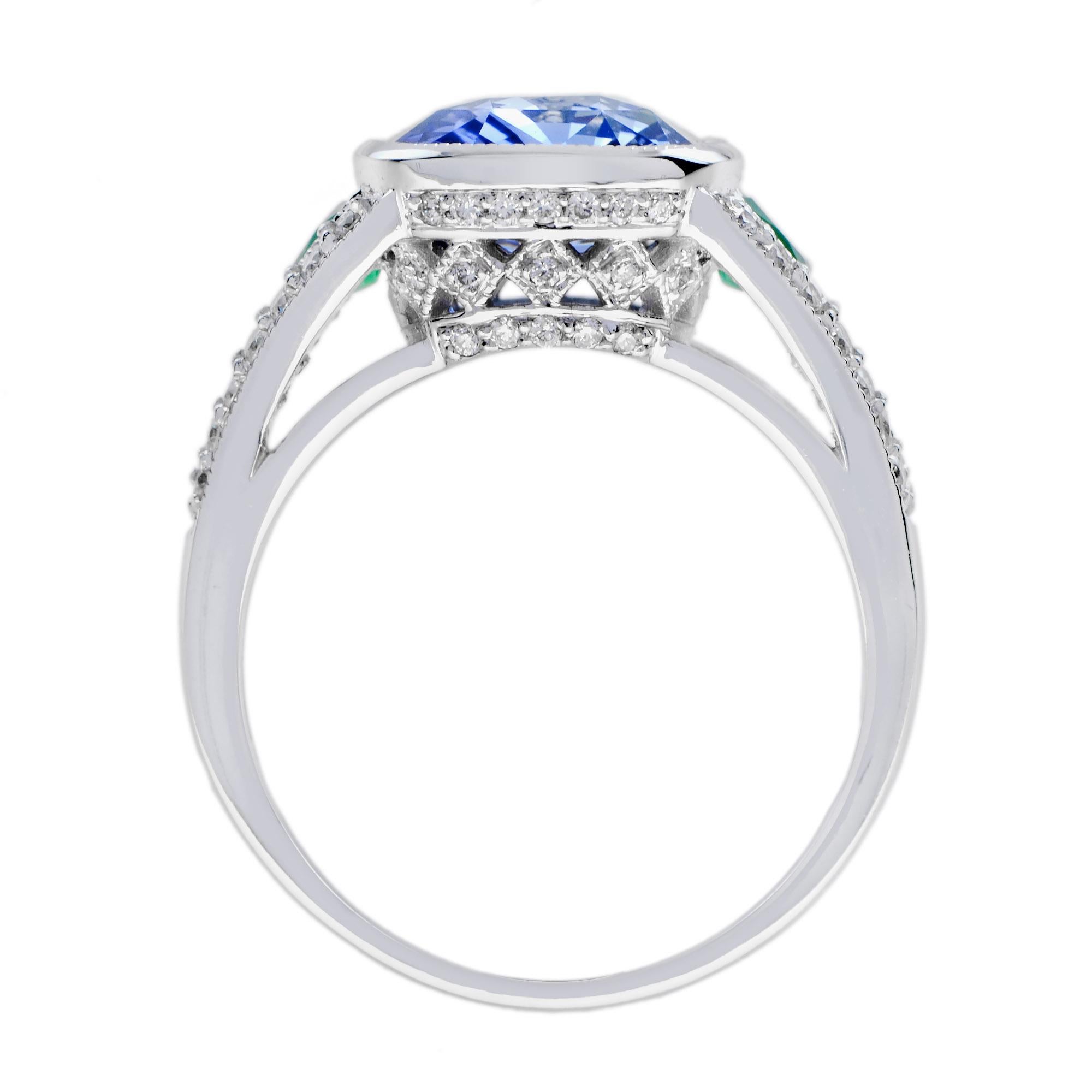 Cushion Certified Ceylon Blue Sapphire Emerald Diamond Solitaire White Gold Ring In New Condition For Sale In Oakton, VA