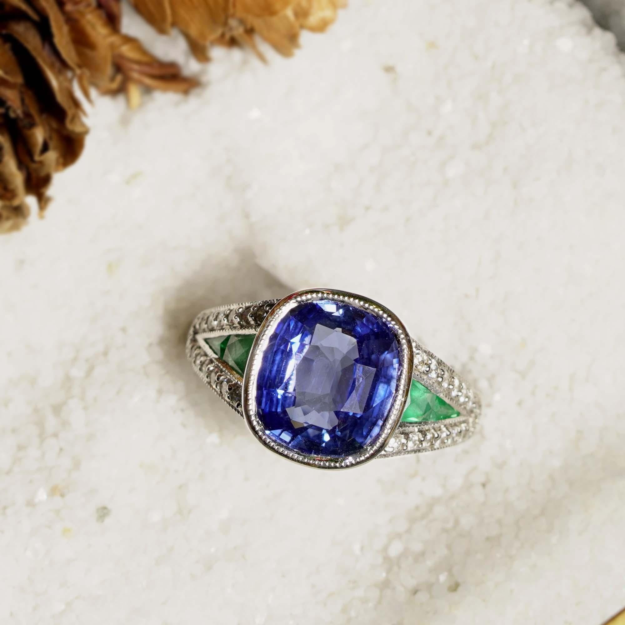 Women's Cushion Certified Ceylon Blue Sapphire Emerald Diamond Solitaire White Gold Ring For Sale