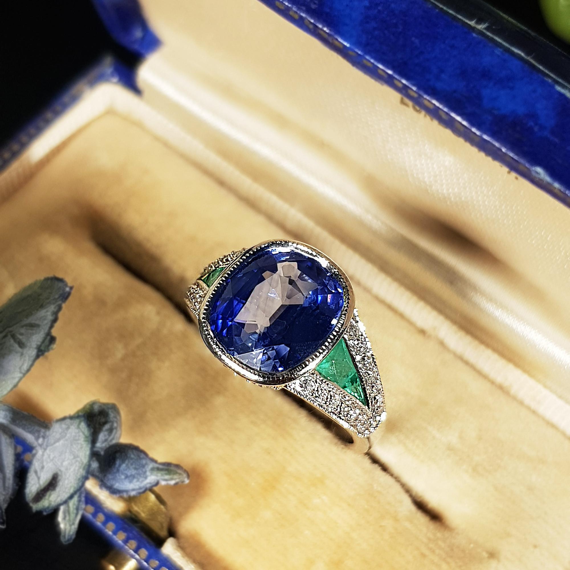 Cushion Certified Ceylon Blue Sapphire Emerald Diamond Solitaire White Gold Ring For Sale 1