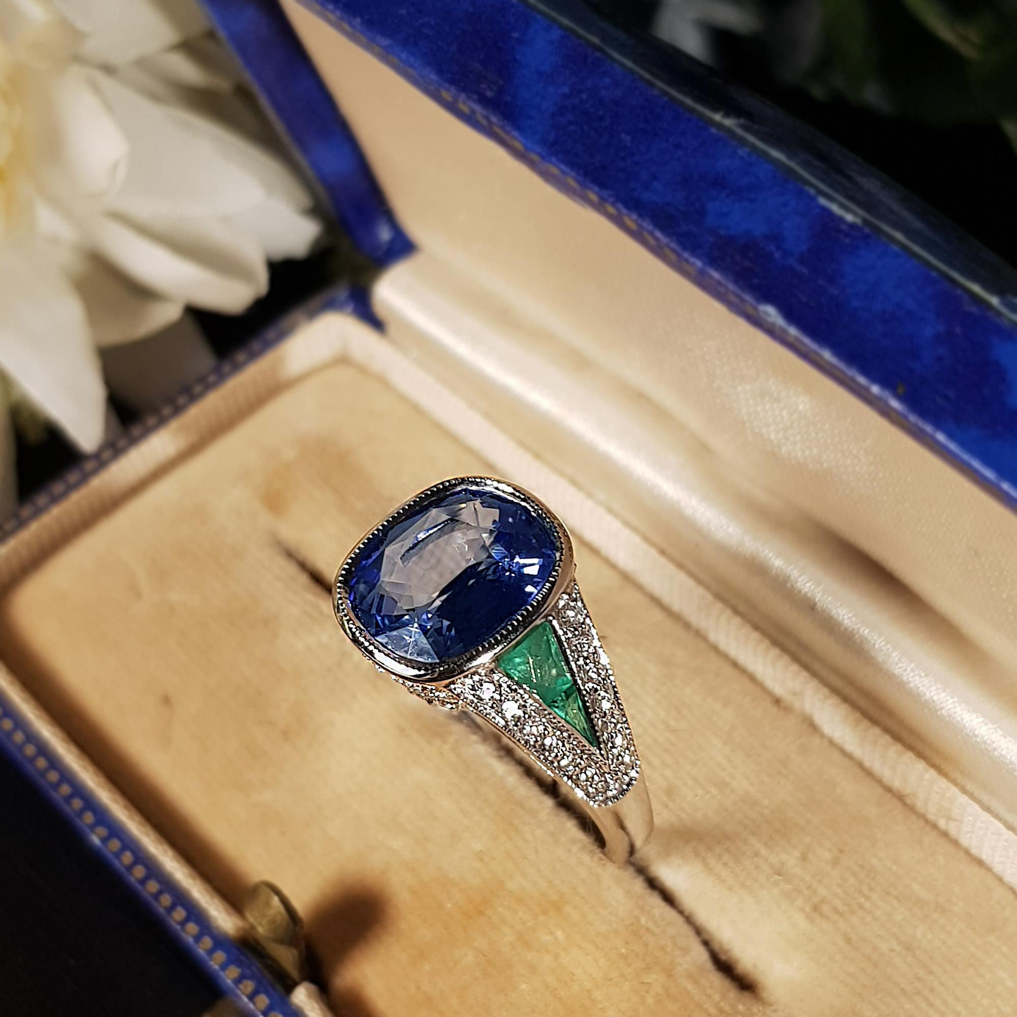 Cushion Certified Ceylon Blue Sapphire Emerald Diamond Solitaire White Gold Ring For Sale 3