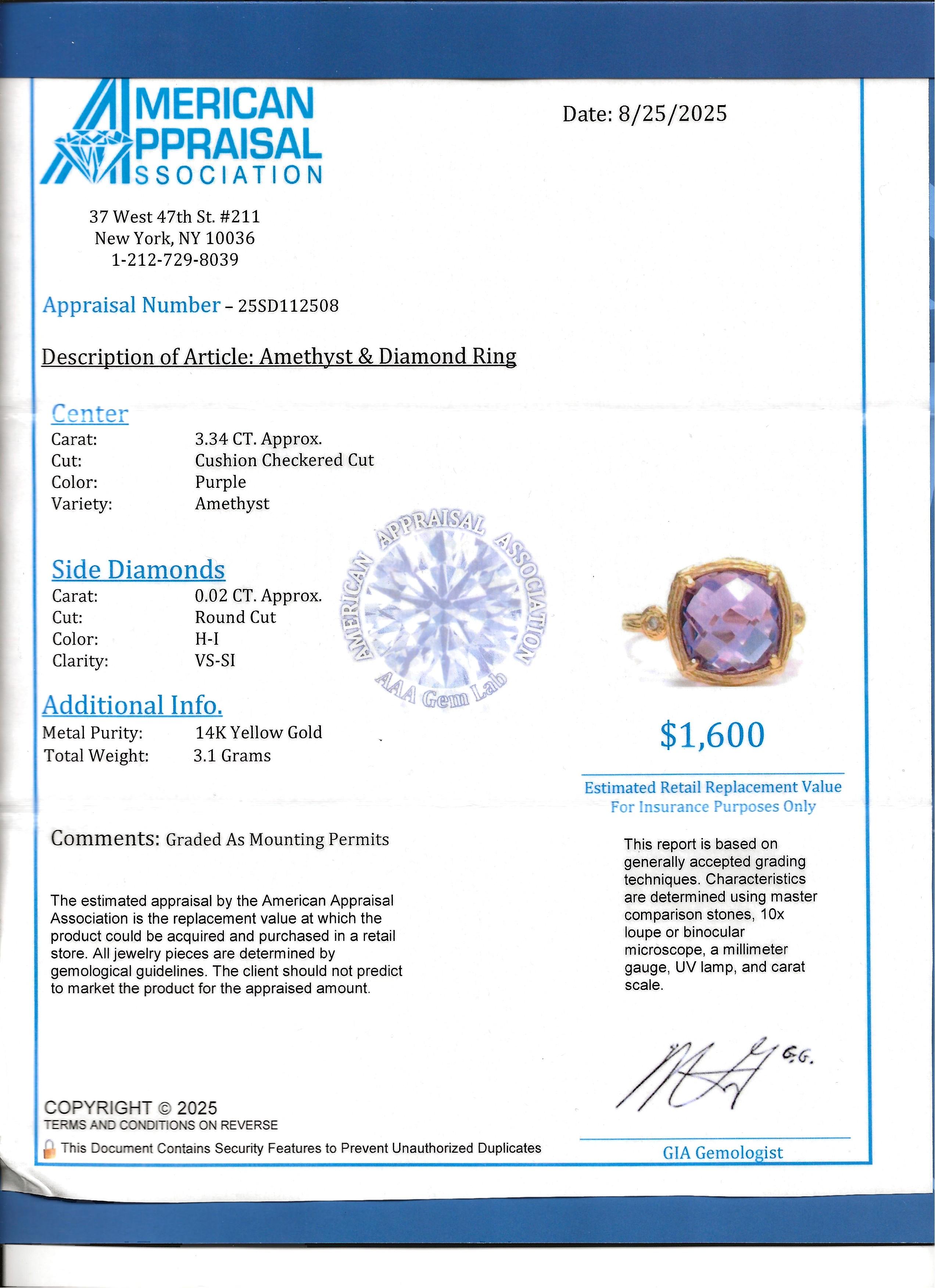 Bague en or jaune 14 carats avec améthyste taillée en damier et ornée de diamants en vente 4