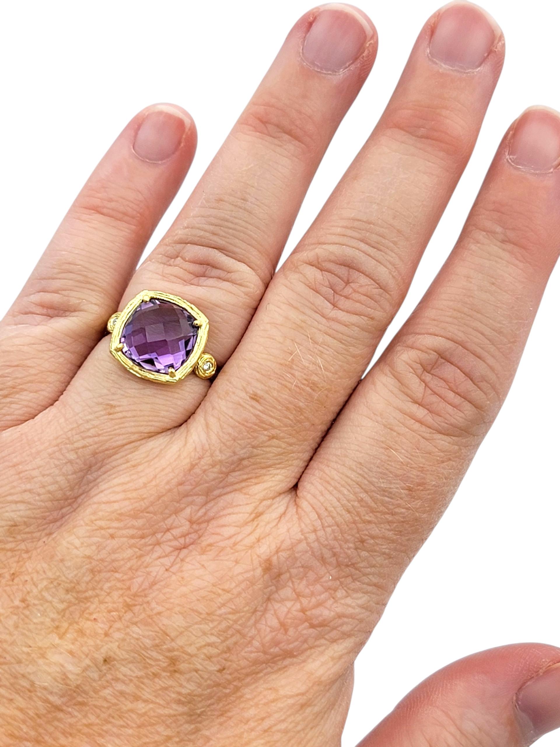 Bague en or jaune 14 carats avec améthyste taillée en damier et ornée de diamants en vente 2