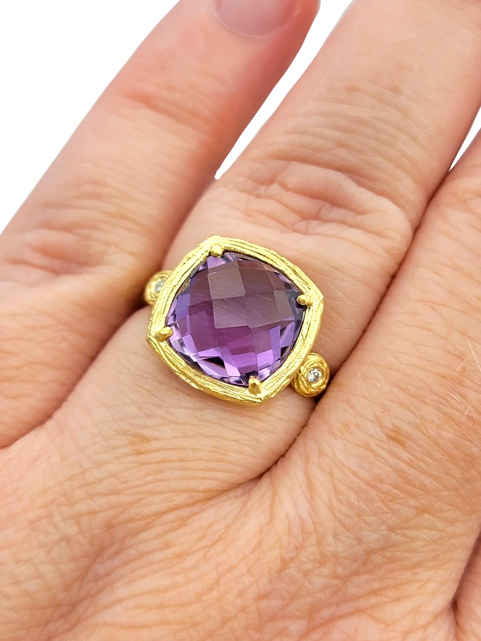 Bague en or jaune 14 carats avec améthyste taillée en damier et ornée de diamants en vente 3