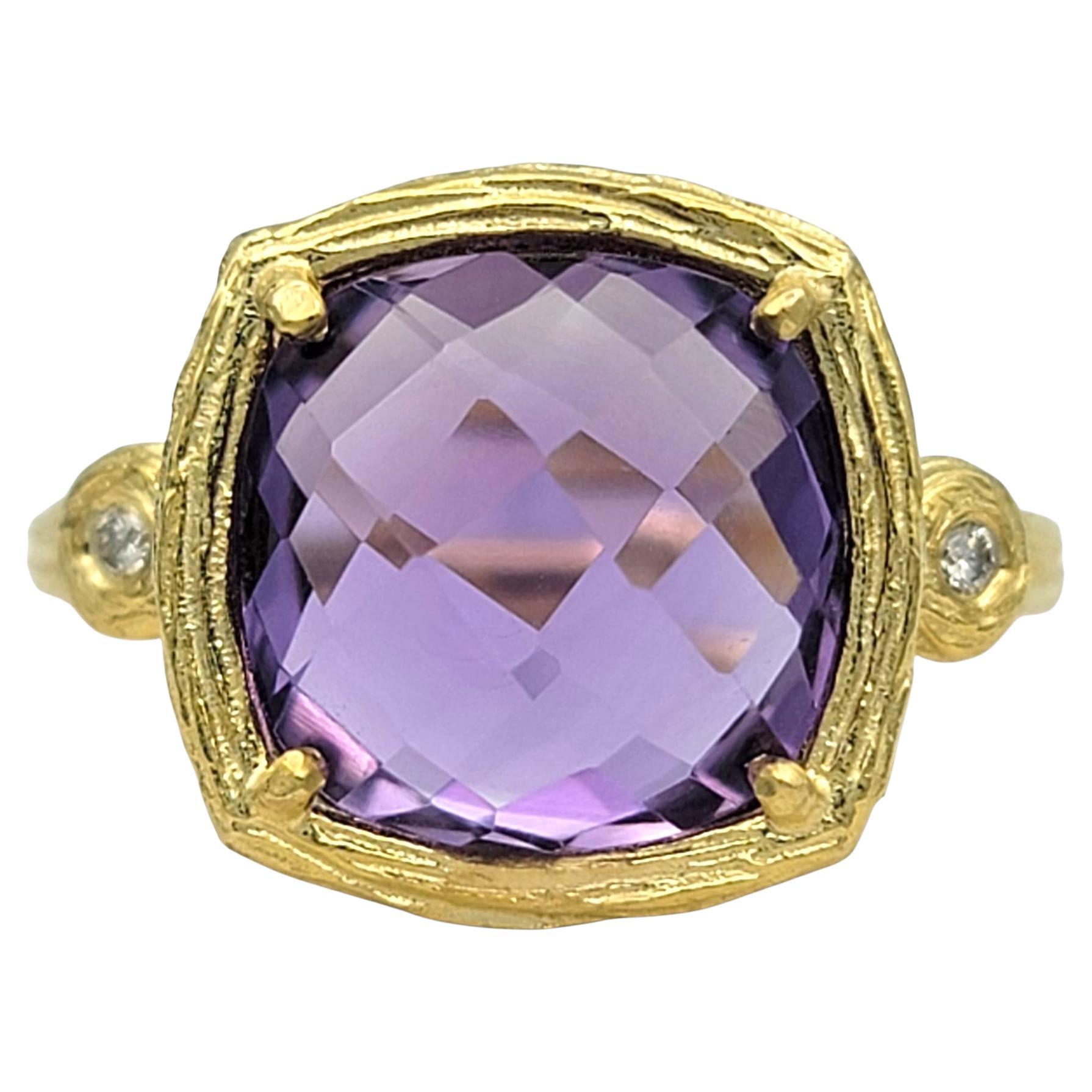 Cushion Checkerboard Cut Amethyst Ring with Diamond Accents 14 Karat Yellow Gold