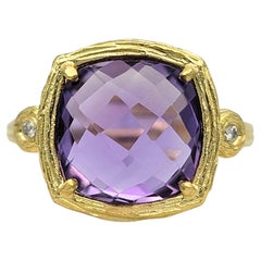 Cushion Checkerboard Cut Amethyst Ring with Diamond Accents 14 Karat Yellow Gold