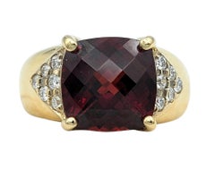 Cushion Checkerboard Cut Garnet and Diamond Cocktail Ring 14 Karat Yellow Gold