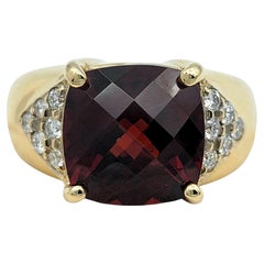 Cushion Checkerboard Cut Garnet and Diamond Cocktail Ring 14 Karat Yellow Gold
