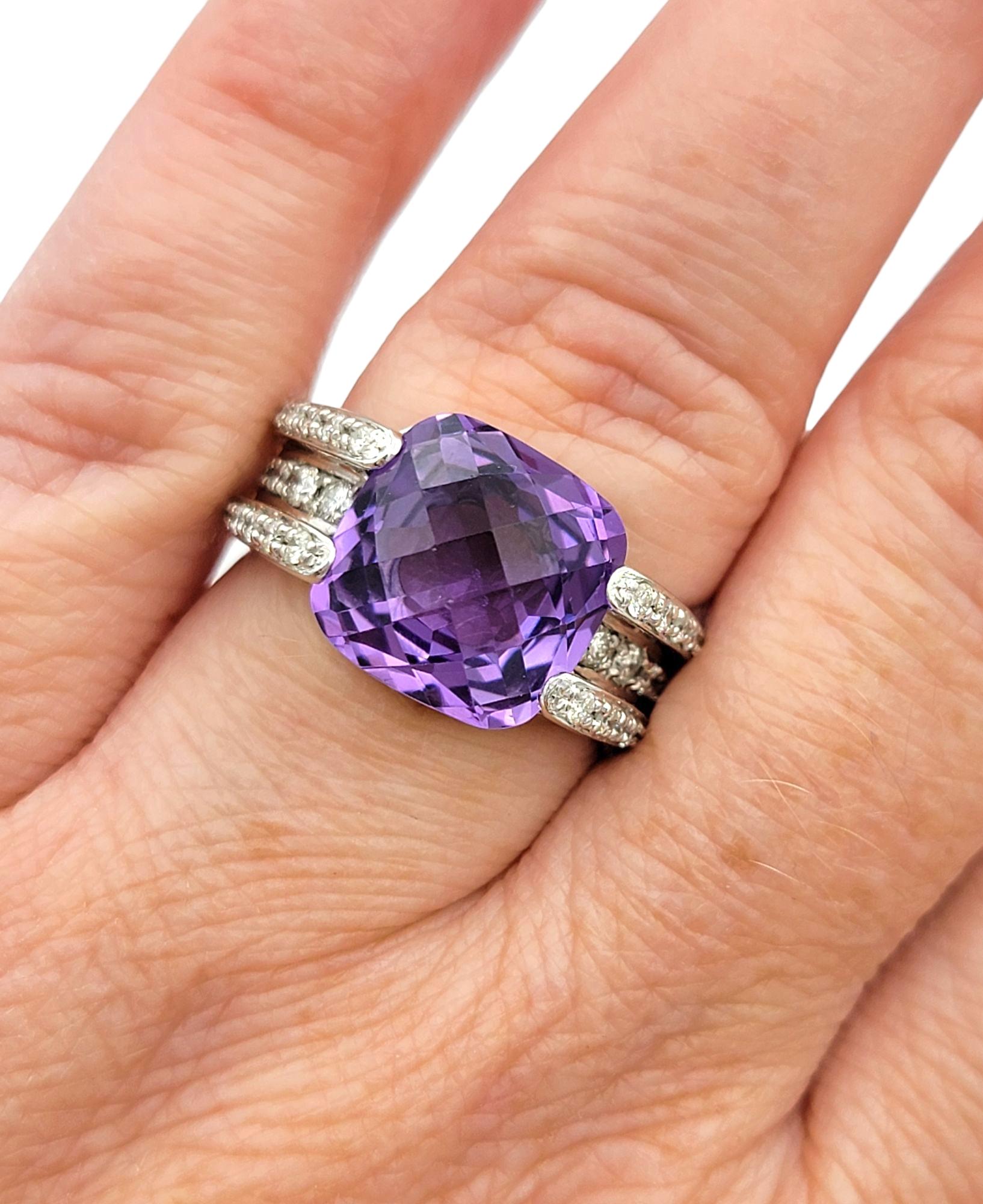 Bague de cocktail en or blanc 14 carats, améthyste et diamant, taille coussin en damier en vente 5