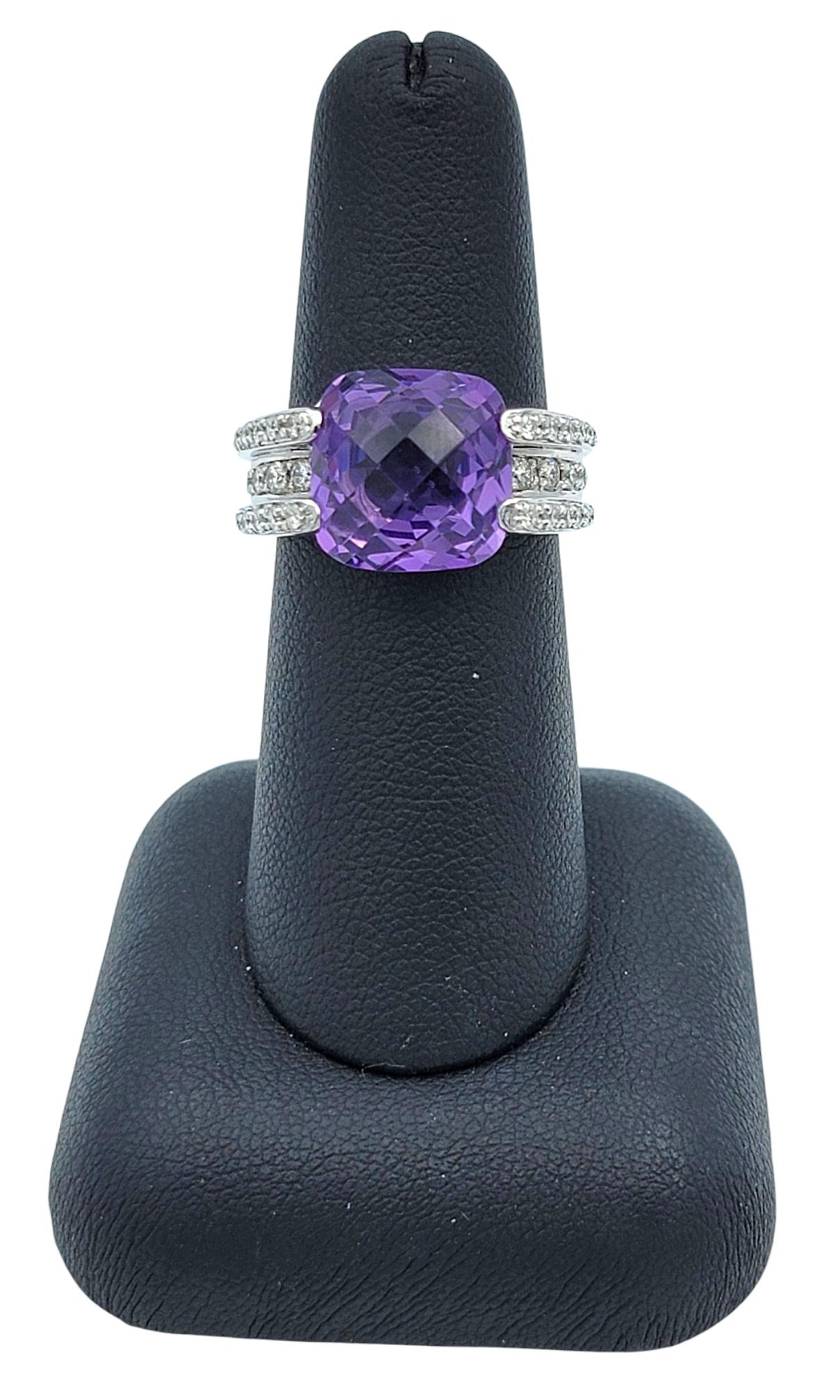 Bague de cocktail en or blanc 14 carats, améthyste et diamant, taille coussin en damier en vente 6